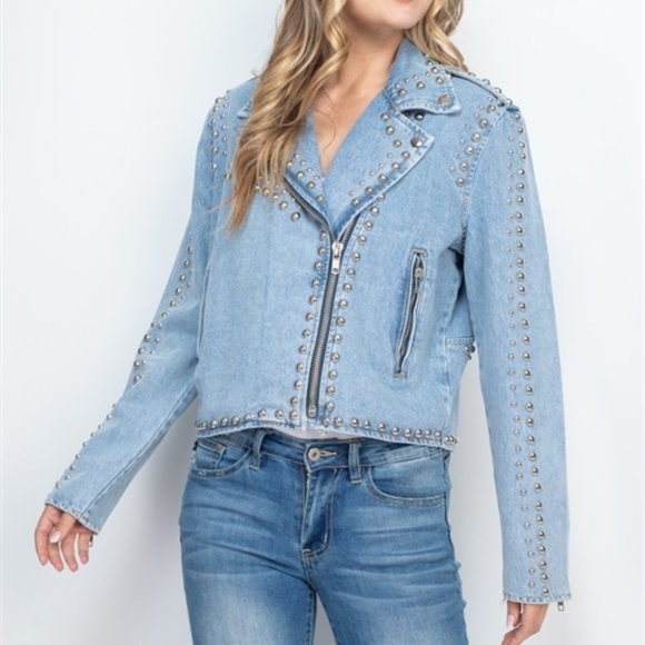 Light Blue Denim Studded Jacket - Picture 4 of 13